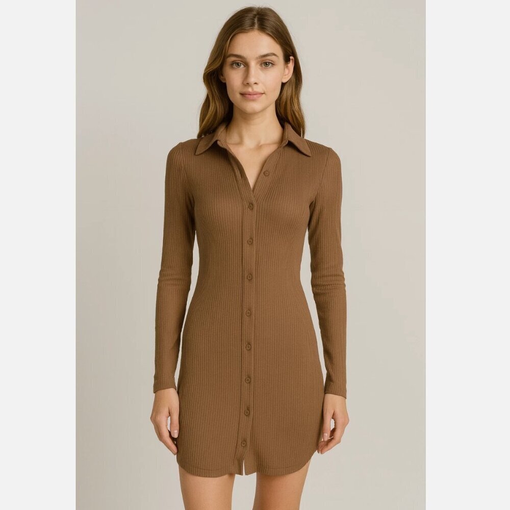AFRM Women's Size XS/TP Long Sleeve Rib Knit Brown Collared Mini Shirt Dress